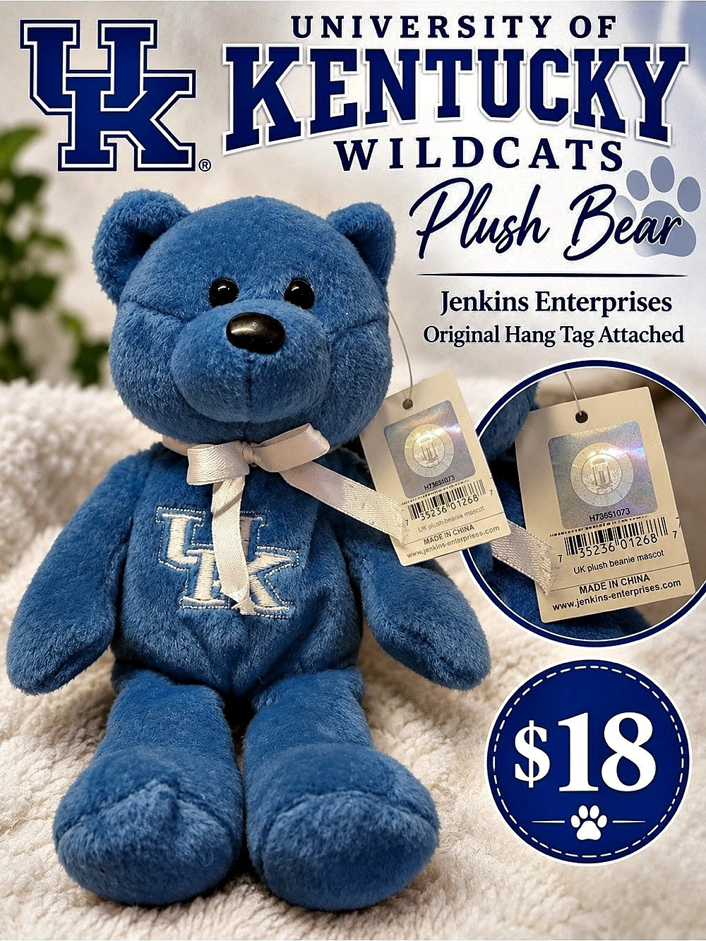 Jenkins Enterprises University of Kentucky Plush Beanie Mascot Bear Blue & White